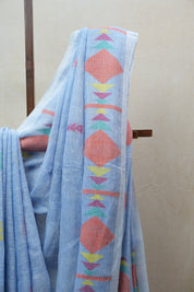 Blue Linen Jamdani Saree With Tassels - SRBLJS380