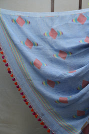 Blue Linen Jamdani Saree With Tassels - SRBLJS380