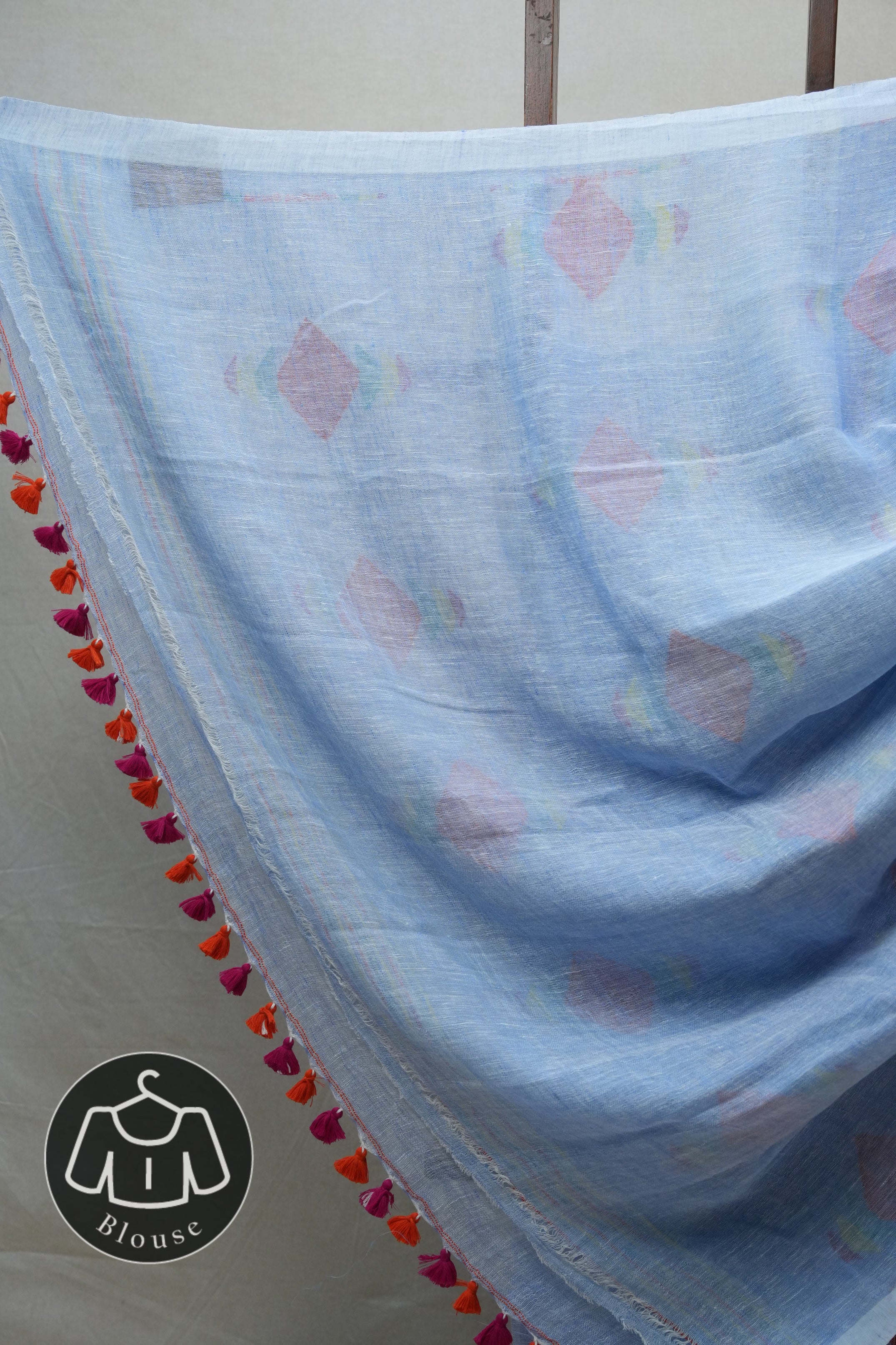 Blue Linen Jamdani Saree With Tassels - SRBLJS380