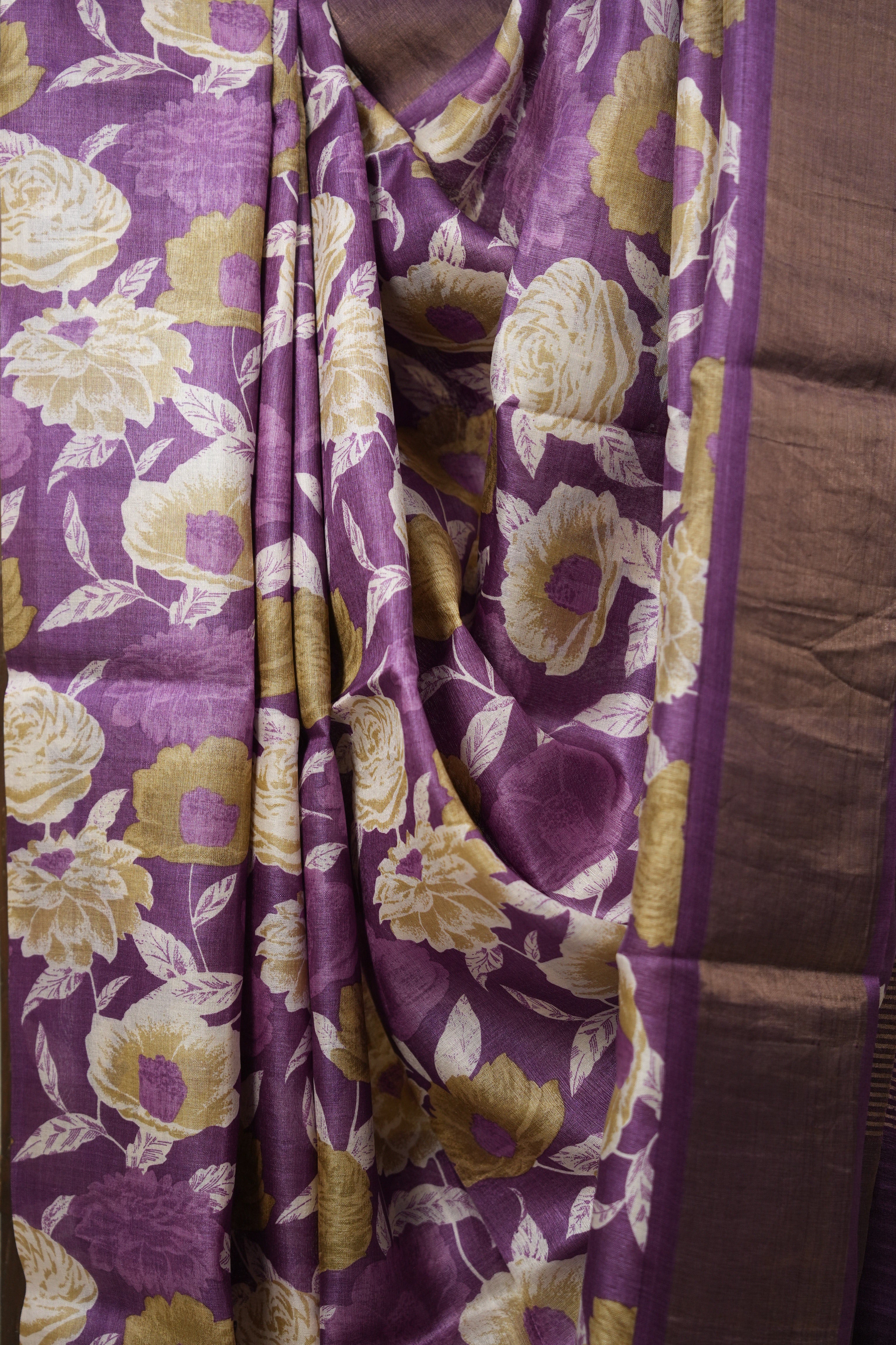 Purple Gold Printed Tussar Silk Saree - SRPGPTSS002