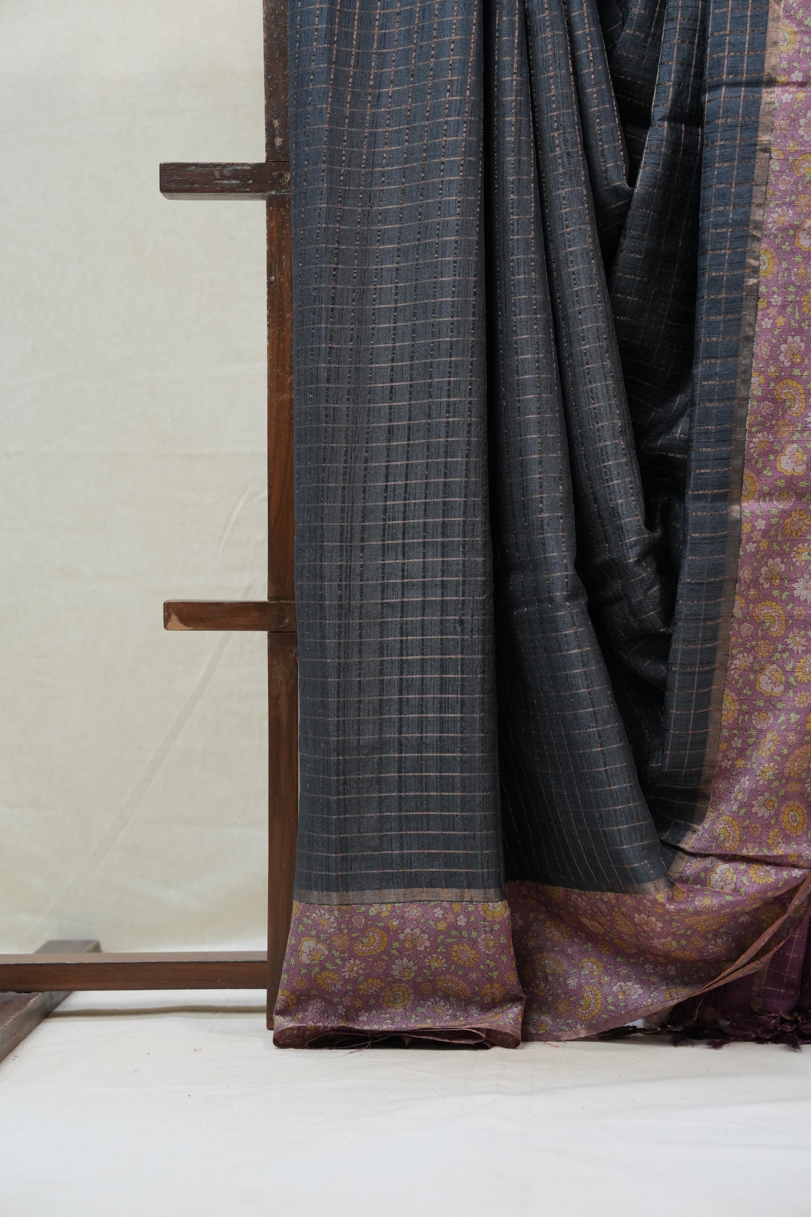 Blackish Grey Tussar Silk Saree - SRBGTSS1300