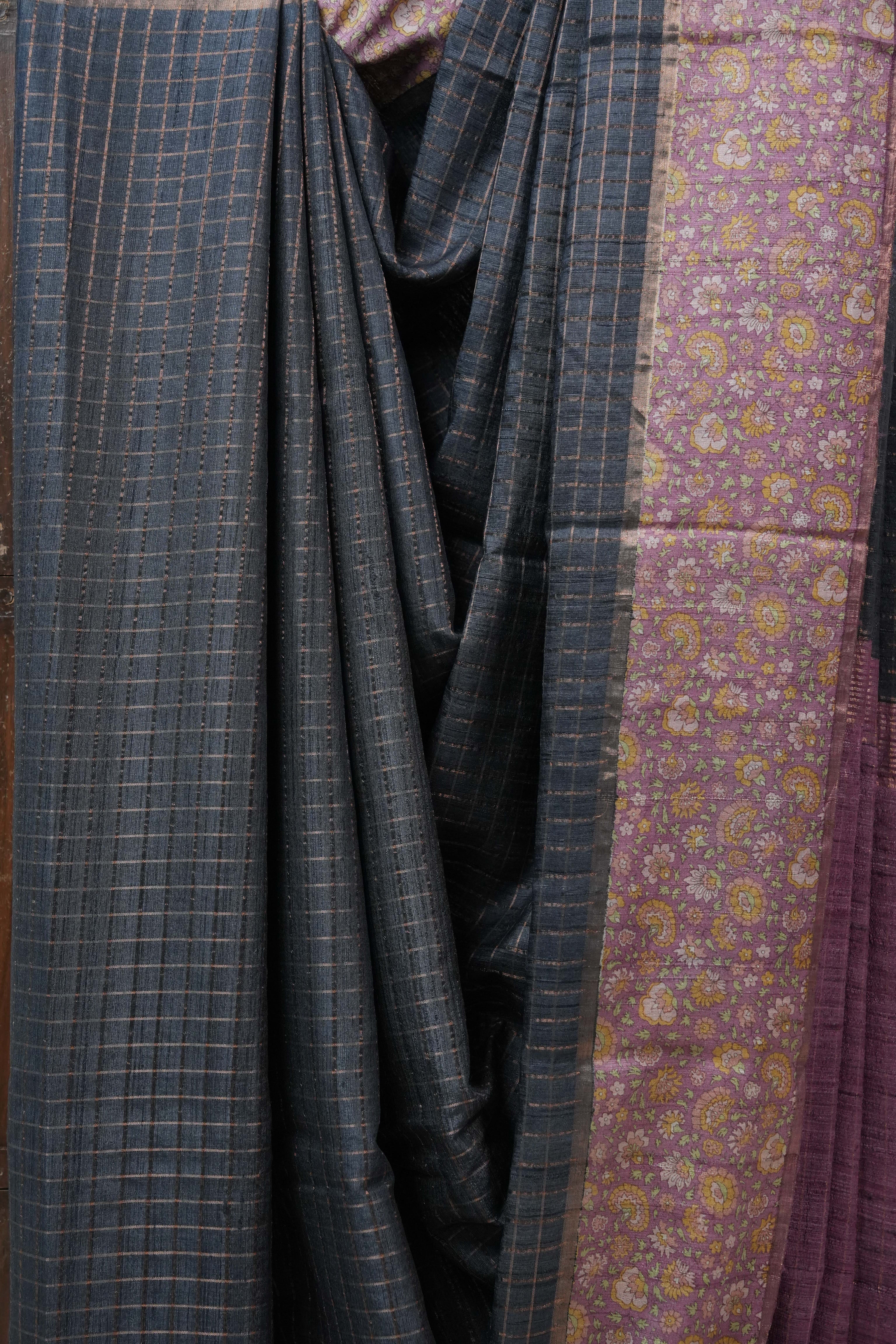 Blackish Grey Tussar Silk Saree - SRBGTSS1300