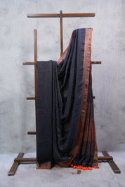Black Plain Linen Saree With Tassels - SRBPLS135