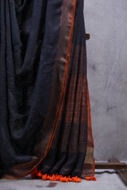 Black Plain Linen Saree With Tassels - SRBPLS135