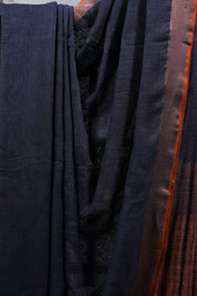 Black Plain Linen Saree With Tassels - SRBPLS135