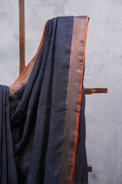 Black Plain Linen Saree With Tassels - SRBPLS135