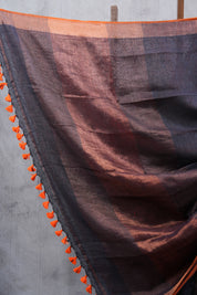 Black Plain Linen Saree With Tassels - SRBPLS135