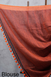 Black Plain Linen Saree With Tassels - SRBPLS135