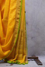 Yellow Plain Linen Saree With Tassels - SRYPLS255