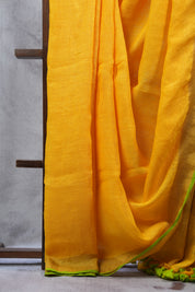 Yellow Plain Linen Saree With Tassels - SRYPLS255
