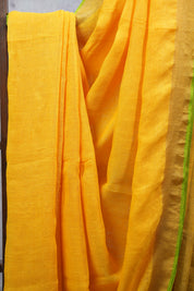 Yellow Plain Linen Saree With Tassels - SRYPLS255