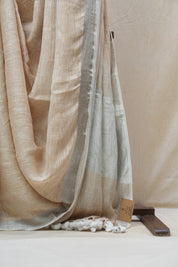 Light Biscuit  Plain Linen Saree With White Tassels - SRLBPLS297