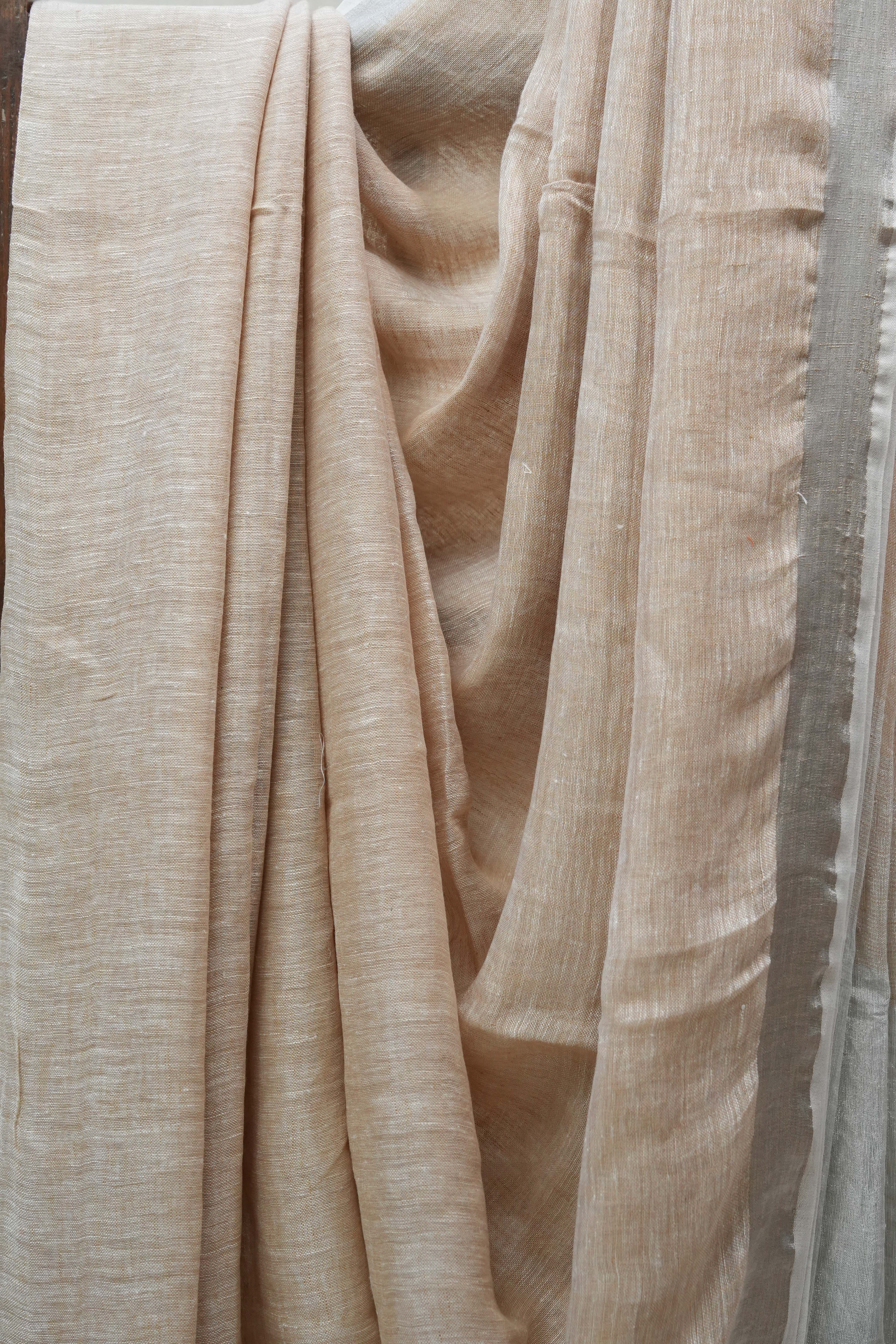 Light Biscuit  Plain Linen Saree With White Tassels - SRLBPLS297