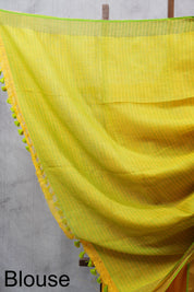 Yellow Plain Linen Saree With Tassels - SRYPLS255