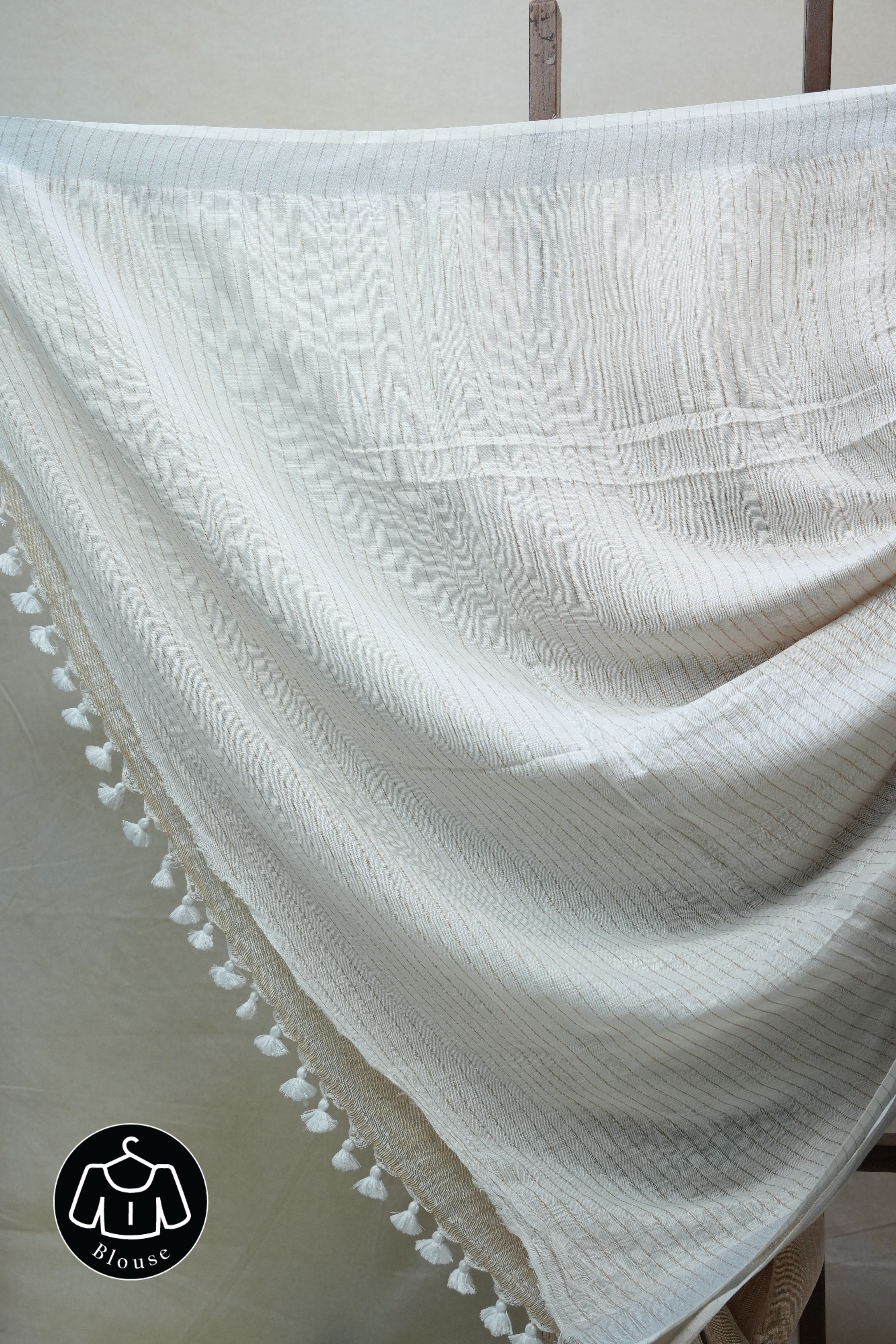 Light Biscuit  Plain Linen Saree With White Tassels - SRLBPLS297