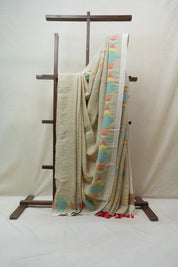 Light Yellow Linen Jamdani Saree With Tassels -  SRLYLS365