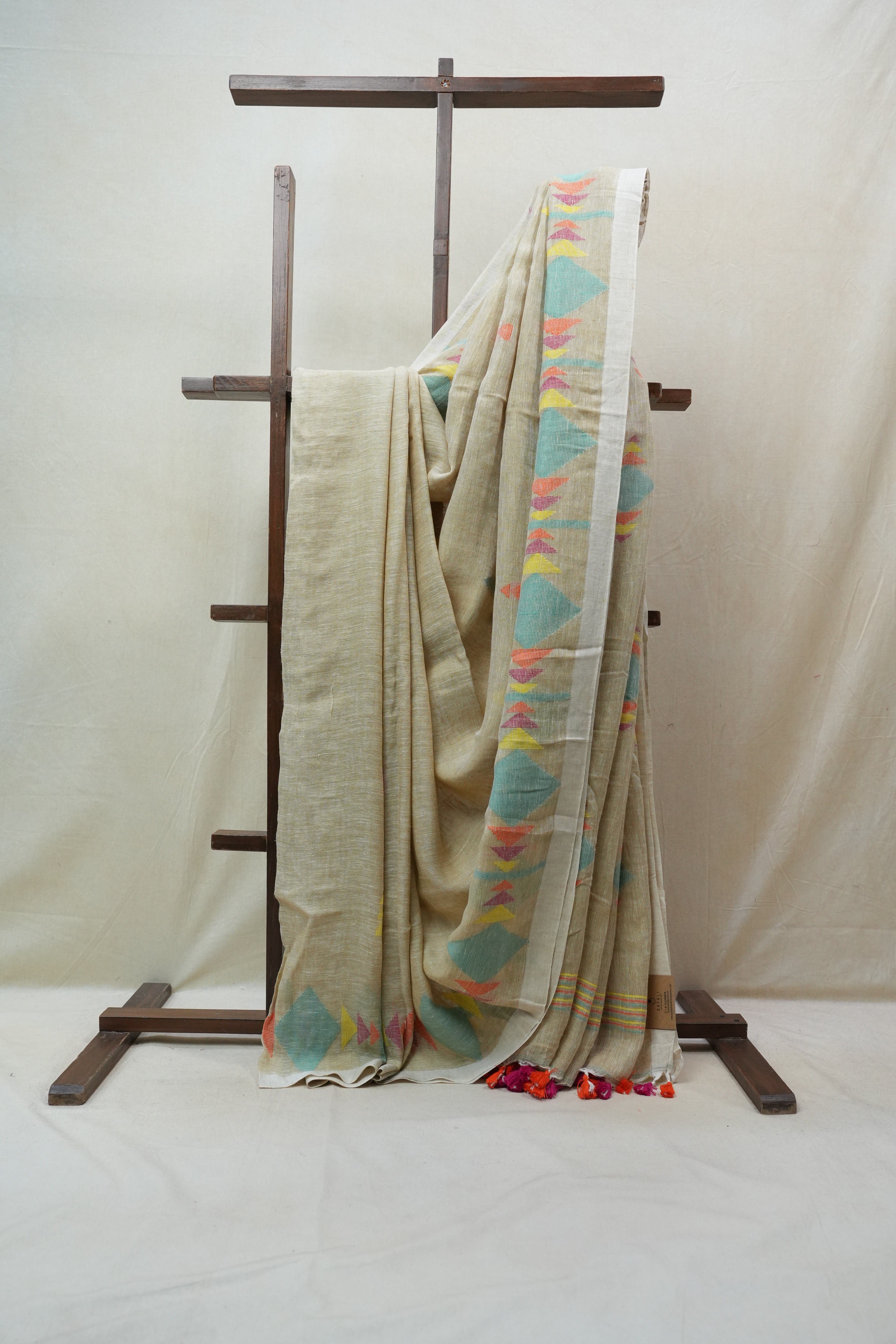 Light Yellow Linen Jamdani Saree With Tassels -  SRLYLS365