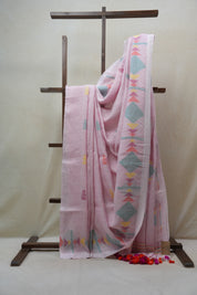 Light Pink Linen Jamdani Saree With Tassels - SRLPLJS359