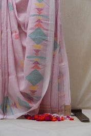 Light Pink Linen Jamdani Saree With Tassels - SRLPLJS359