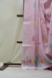 Light Pink Linen Jamdani Saree With Tassels - SRLPLJS359