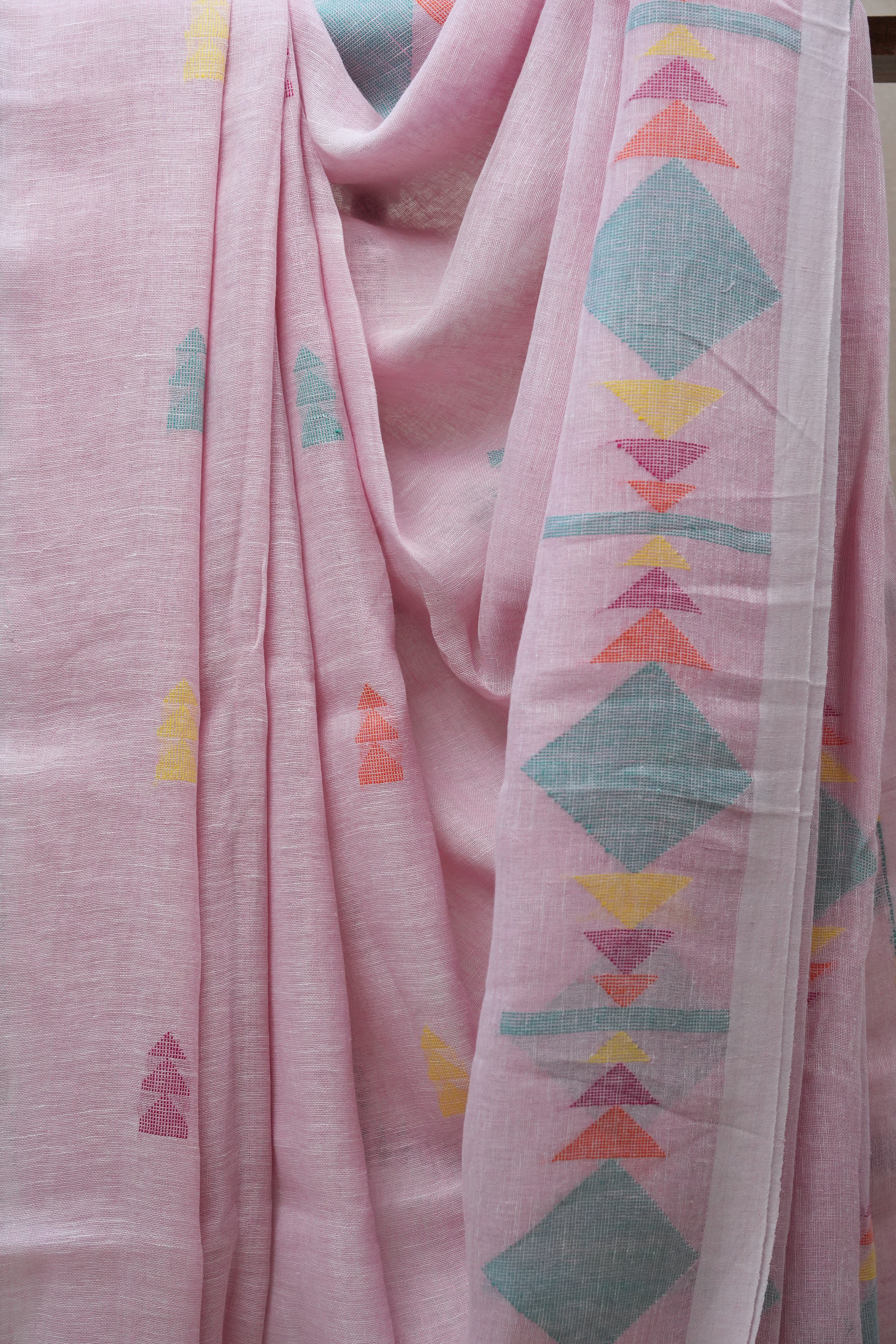 Light Pink Linen Jamdani Saree With Tassels - SRLPLJS359