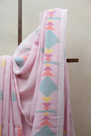 Light Pink Linen Jamdani Saree With Tassels - SRLPLJS359