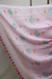 Light Pink Linen Jamdani Saree With Tassels - SRLPLJS359