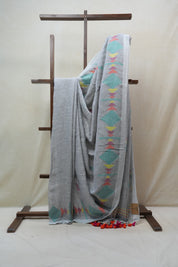 Blueish Grey Linen Jamdani Saree With Tassels -  SRBGLS364