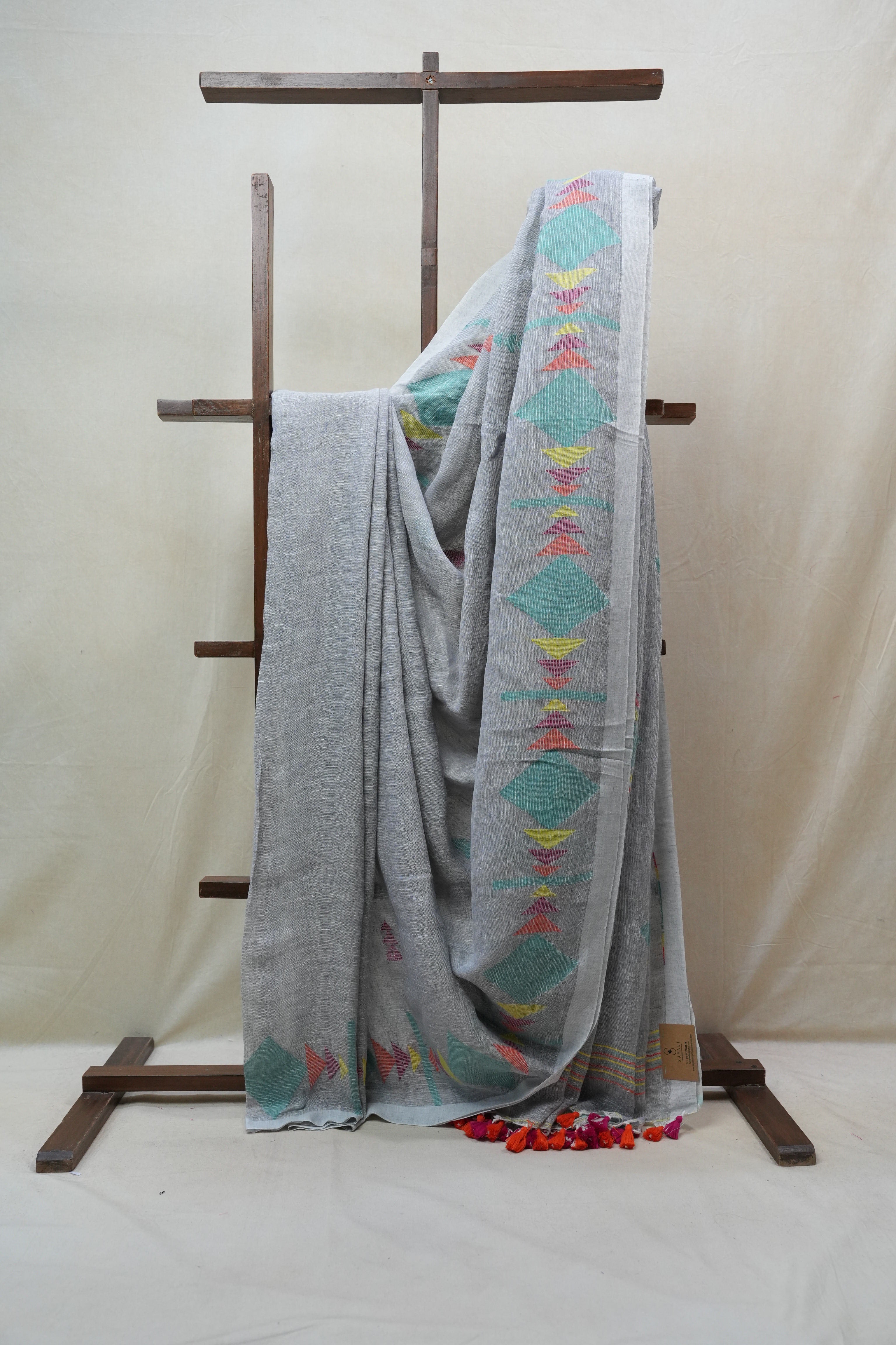 Blueish Grey Linen Jamdani Saree With Tassels -  SRBGLS364
