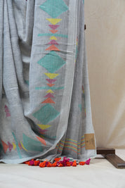 Blueish Grey Linen Jamdani Saree With Tassels -  SRBGLS364