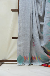 Blueish Grey Linen Jamdani Saree With Tassels -  SRBGLS364