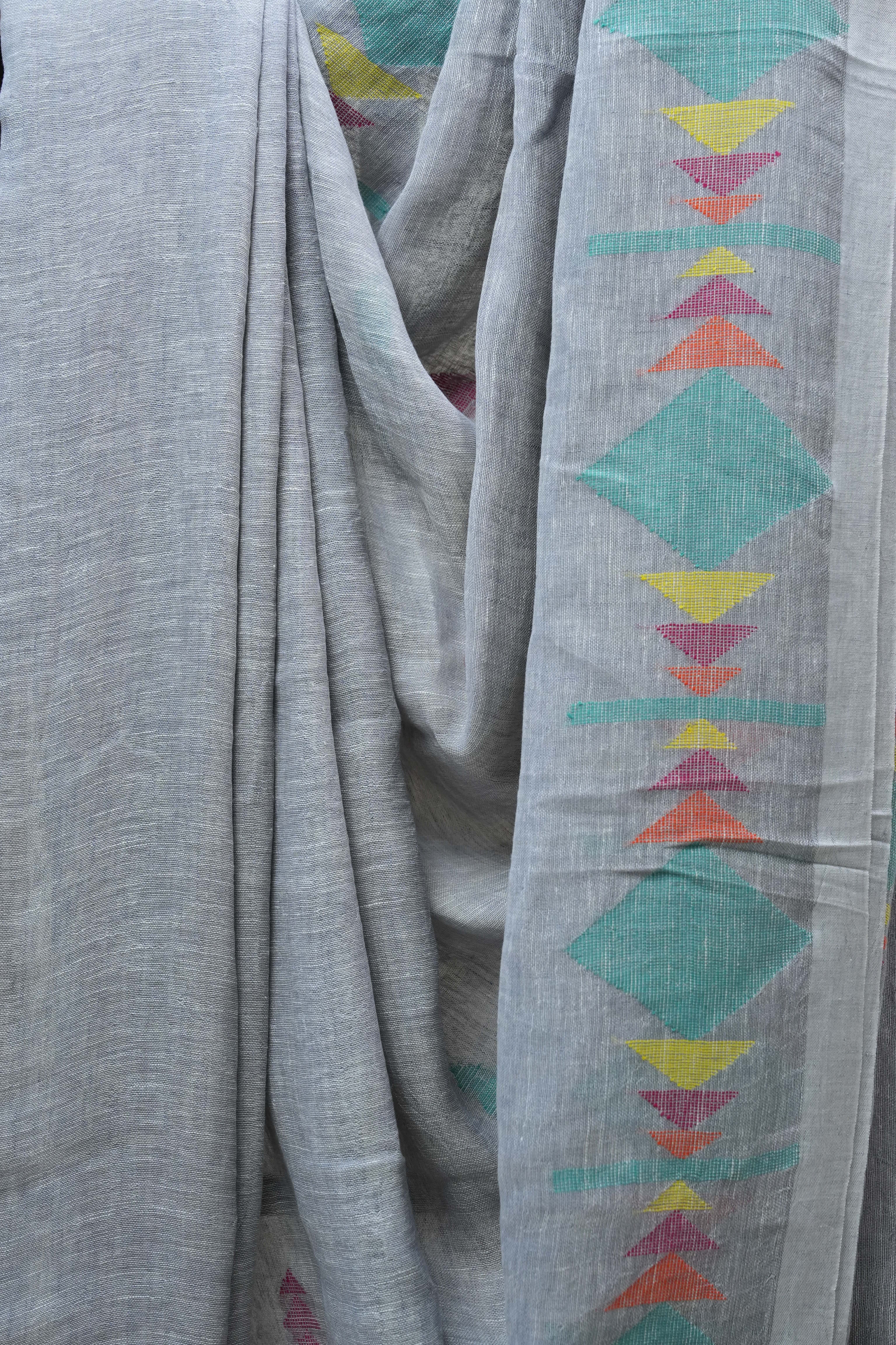 Blueish Grey Linen Jamdani Saree With Tassels -  SRBGLS364
