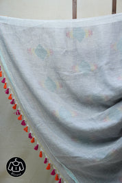 Blueish Grey Linen Jamdani Saree With Tassels -  SRBGLS364