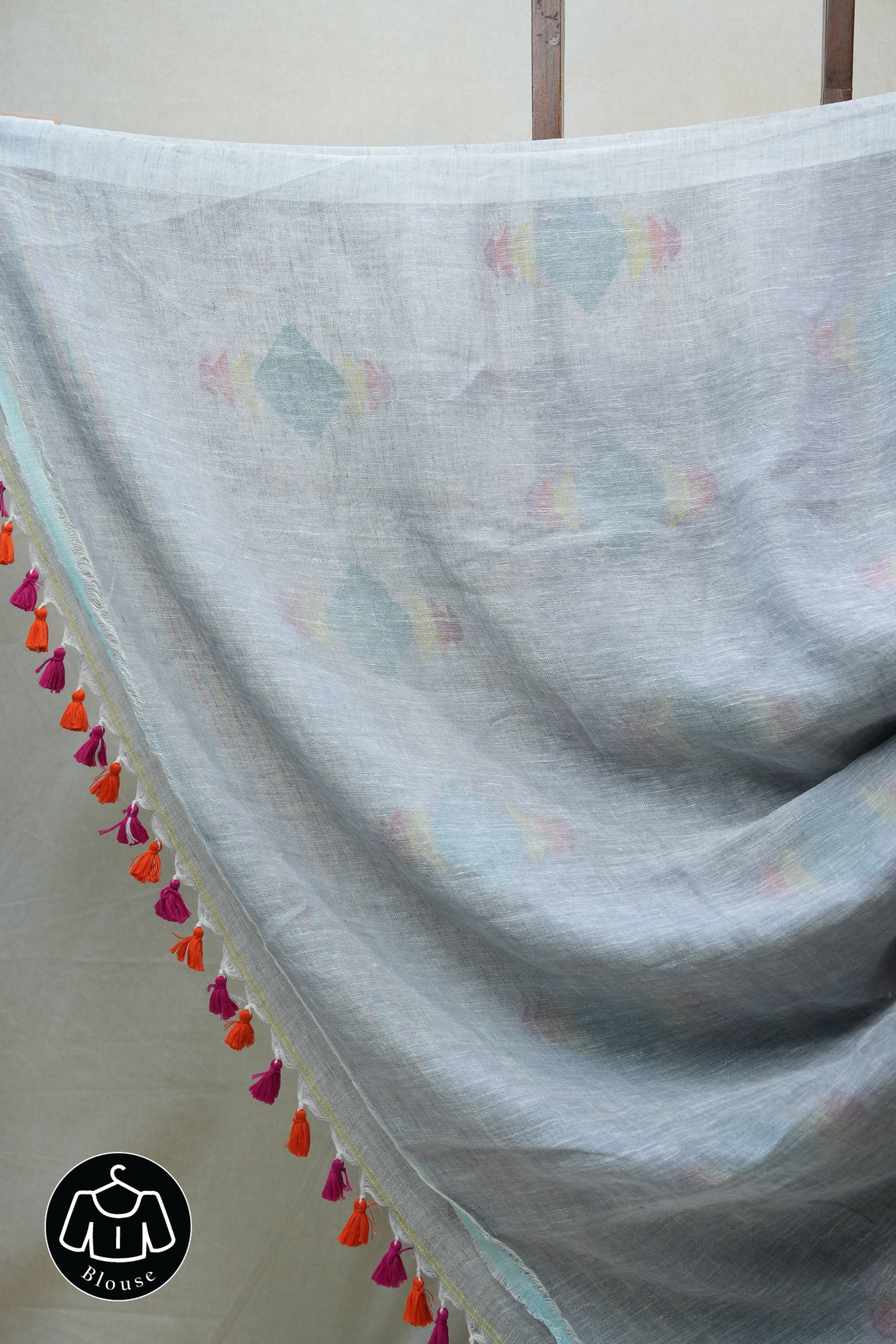 Blueish Grey Linen Jamdani Saree With Tassels -  SRBGLS364