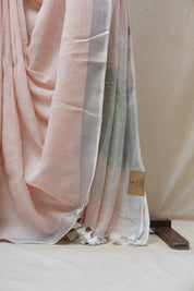 Light Peach Plain Linen Saree With White Tassels - SRLPPLS295