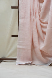 Light Peach Plain Linen Saree With White Tassels - SRLPPLS295