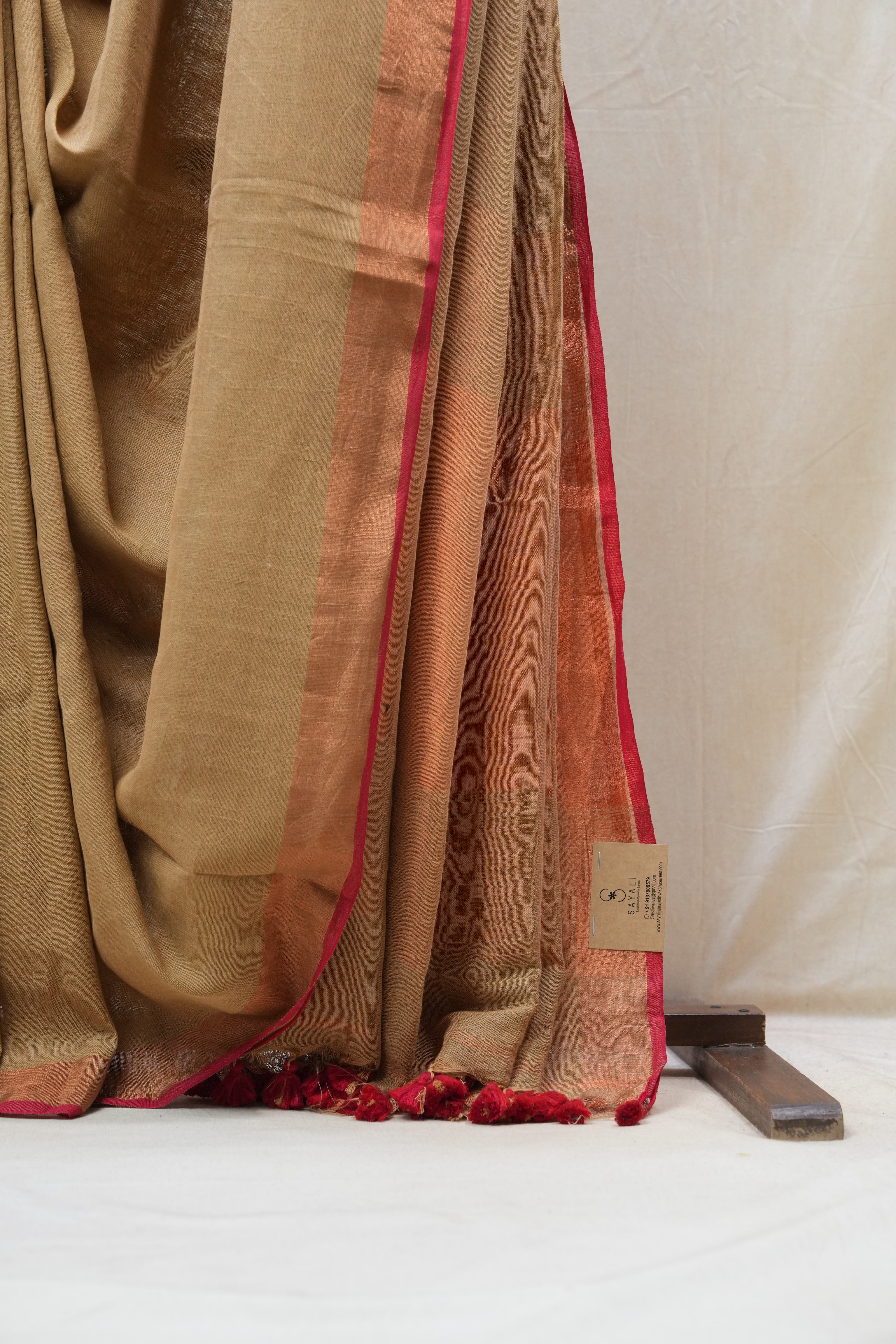Bridge Plain Linen Saree With Red Tassels - SRBPLS293