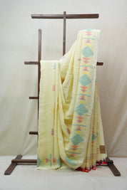 Light Yellow Linen Jamdani Saree With Tassels - SRLYLJS360