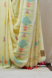Light Yellow Linen Jamdani Saree With Tassels - SRLYLJS360