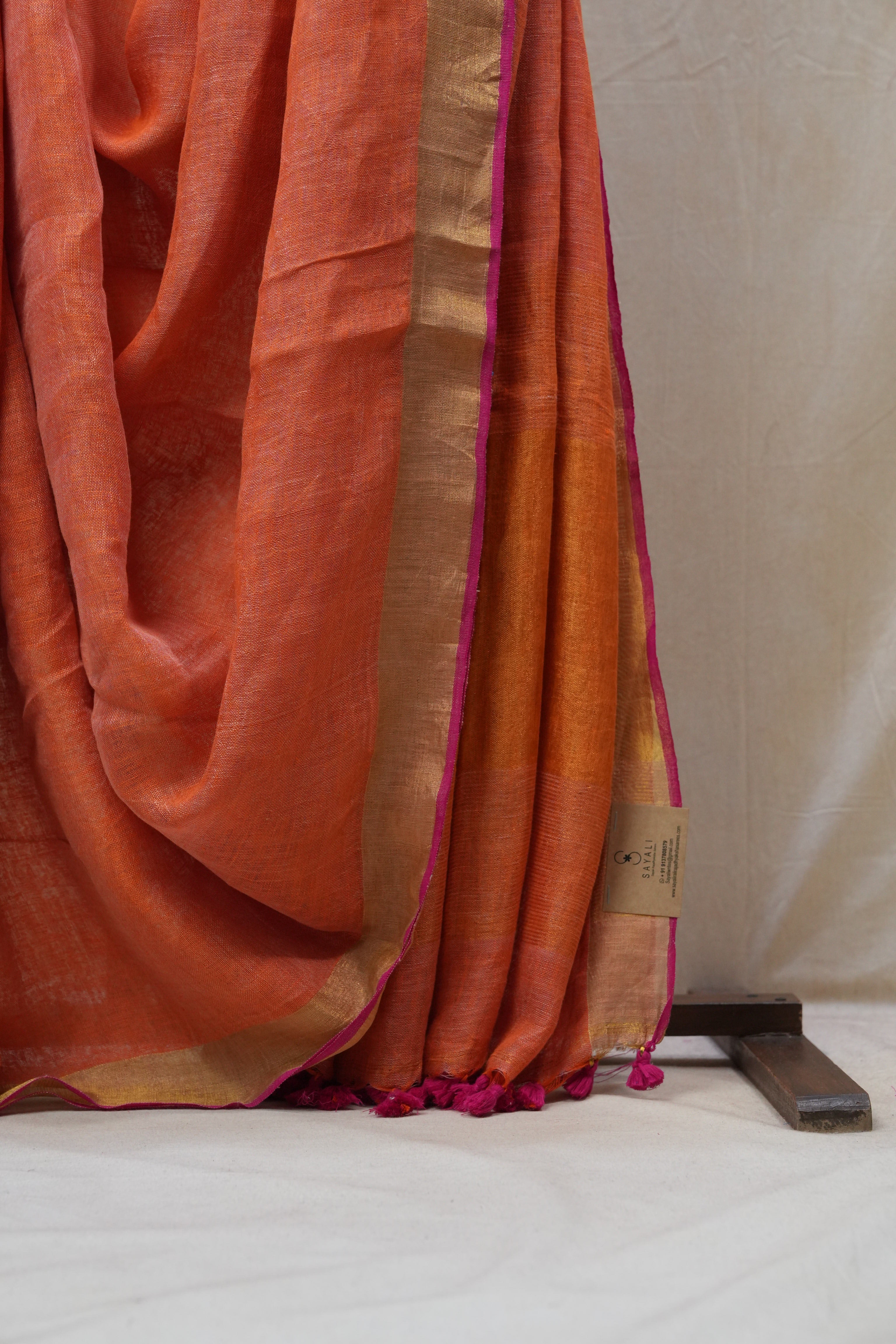 Peach  Plain Linen Saree With Tassels - SRPPLS281