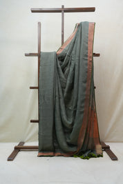 Green Plain Linen Saree With Light Green Tassels - SRGPLS290