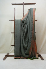 Green Plain Linen Saree With Light Green Tassels - SRGPLS290