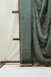 Green Plain Linen Saree With Light Green Tassels - SRGPLS290