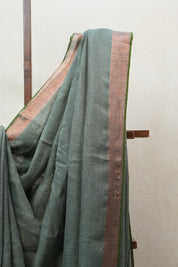 Green Plain Linen Saree With Light Green Tassels - SRGPLS290