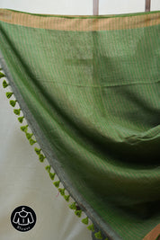 Green Plain Linen Saree With Light Green Tassels - SRGPLS290