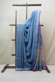 Sky Blue Plain Linen Saree With Pink Tassels - SRSBPLS288