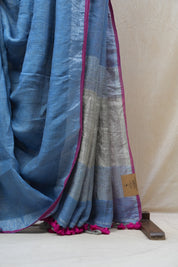 Sky Blue Plain Linen Saree With Pink Tassels - SRSBPLS288