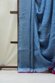 Sky Blue Plain Linen Saree With Pink Tassels - SRSBPLS288