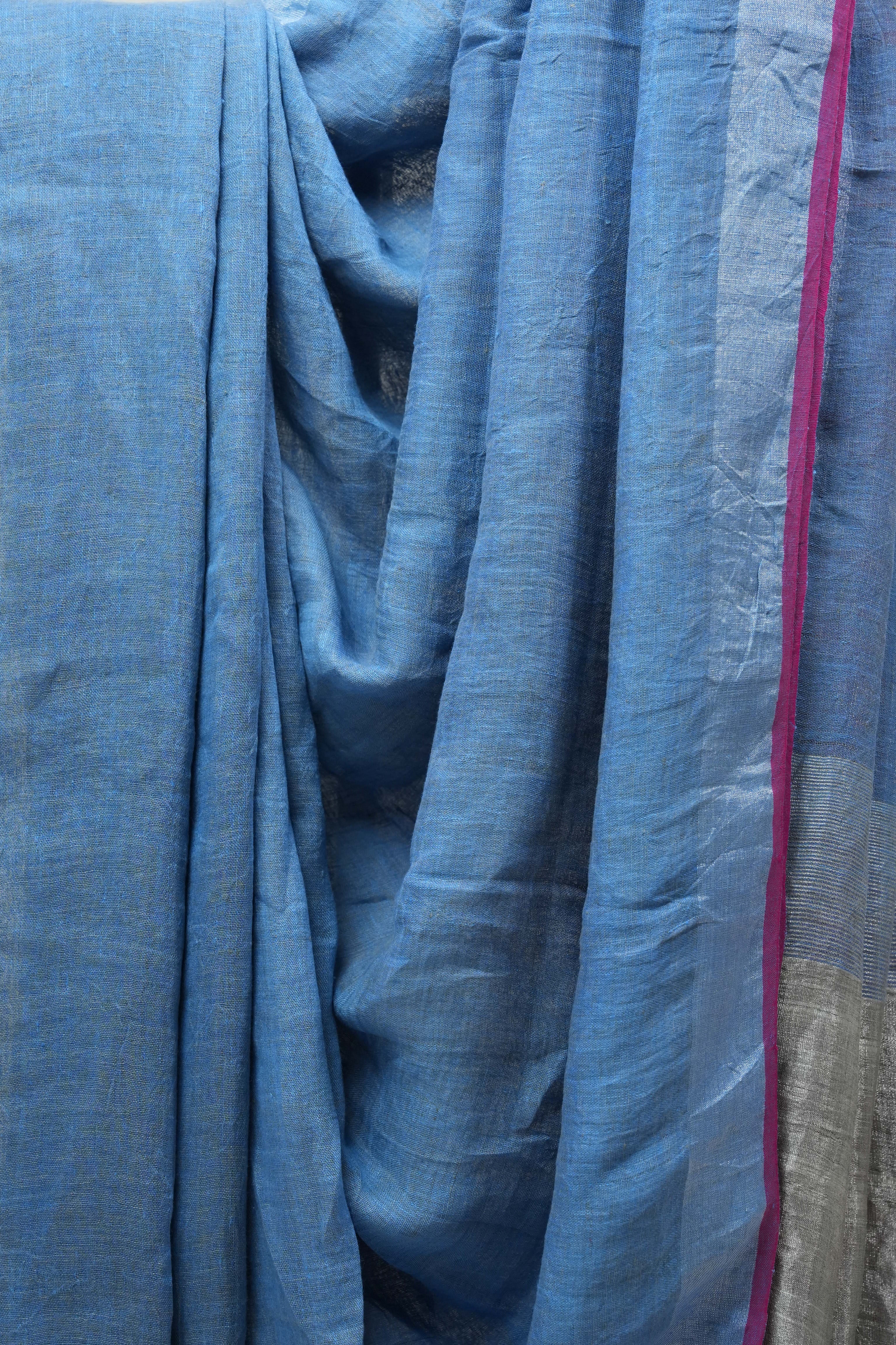 Sky Blue Plain Linen Saree With Pink Tassels - SRSBPLS288
