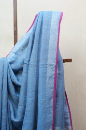 Sky Blue Plain Linen Saree With Pink Tassels - SRSBPLS288